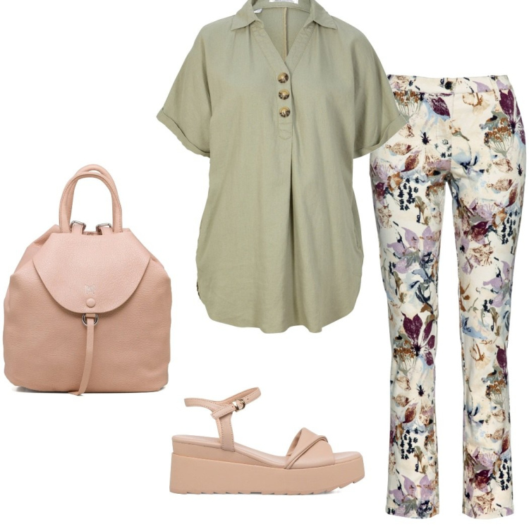 Outfit donna - Dolcezza. Stile Casual per Tutti i giorni. Abbinamento con pantaloni, bluse, zaini, sandali col tacco.