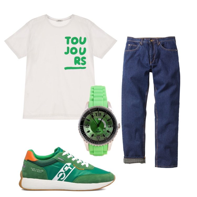 Outfit uomo - Total look #1630693. Stile Casual per Tutti i giorni. Abbinamento con jeans dritti, t-shirt, sneakers, orologi.