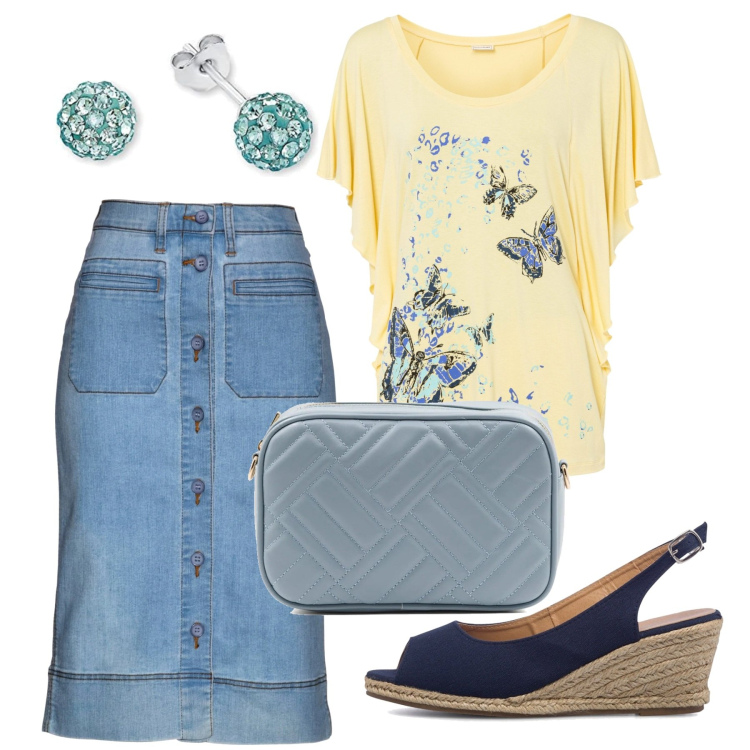 Outfit donna - Farfalle a giugno. Stile Bon Ton per Tutti i giorni. Abbinamento con gonne, maglieria, sandali col tacco, borse a tracolla, orecchini.