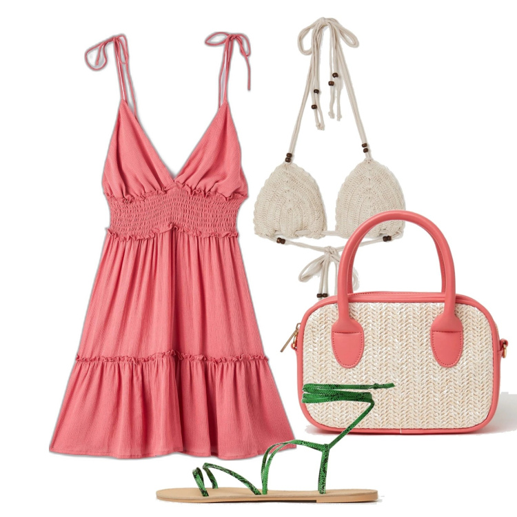 Outfit donna - Rosso fragola. Stile Romantica per Mare. Abbinamento con vestiti corti, borse a spalla, reggiseni, sandali alla schiava.