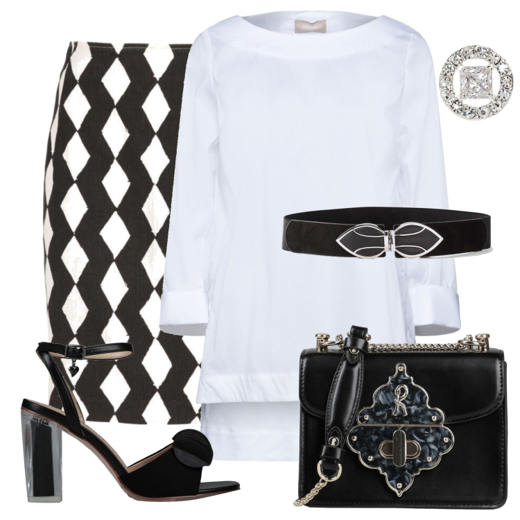 Outfit donna - Curvy, serata estiva in bianco e nero. Stile Chic per Serata fuori. Abbinamento con cinture, bluse, gonne longuette, sandali in pelle, borse a tracolla, orecchini.