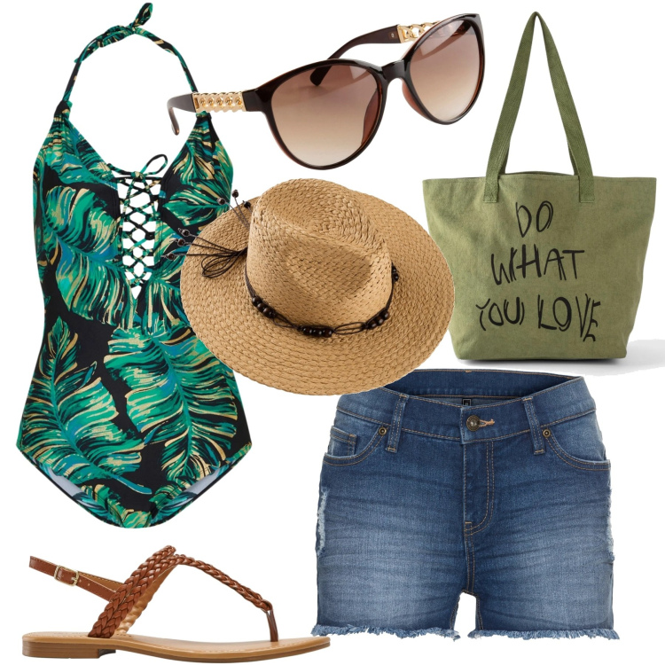 Outfit donna - Tipo da spiaggia. Stile Boho per Mare. Abbinamento con costumi interi, shorts, cappelli, shopping bag, ciabatte, occhiali da sole.