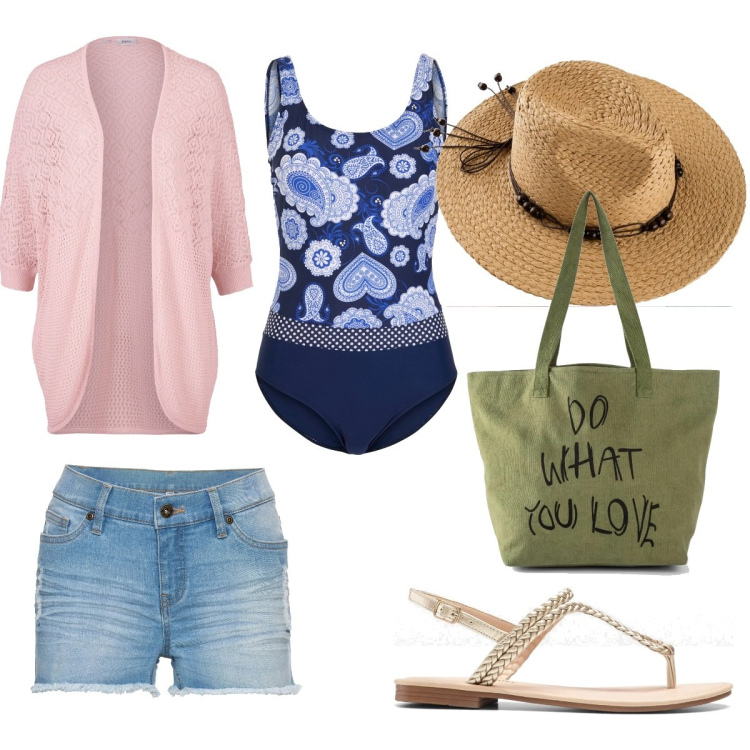 Outfit donna - Al mare chic. Stile Casual chic per Mare. Abbinamento con costumi interi, ciabatte, cardigans, shorts, shopping bag, cappelli.