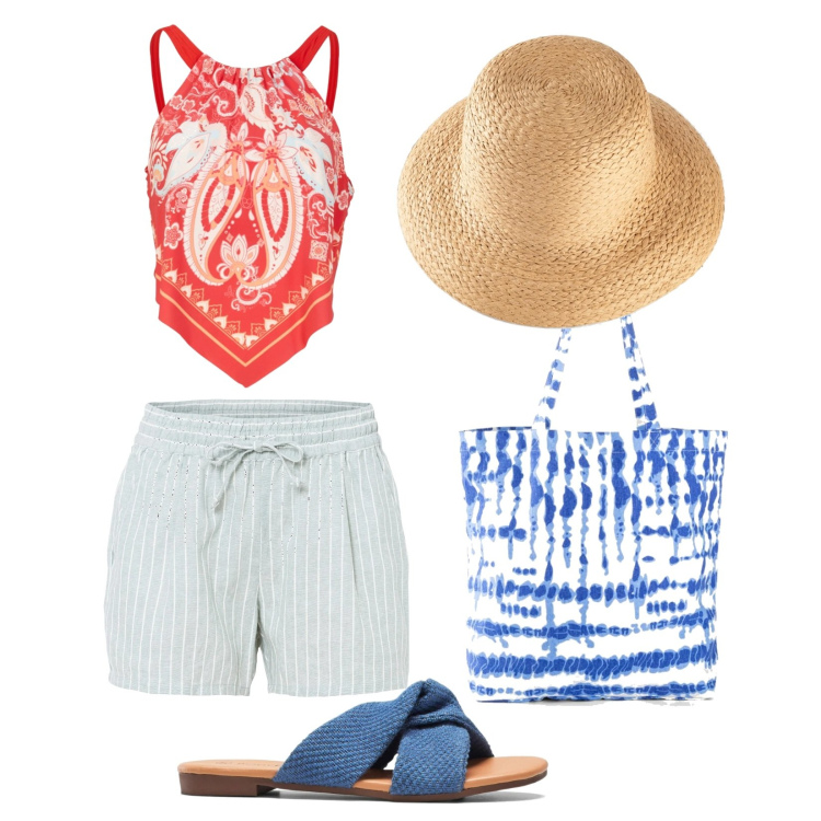 Outfit donna - In spiaggia. Stile Casual per Mare. Abbinamento con felpe, costumi interi, shorts, ciabatte, shopping bag.