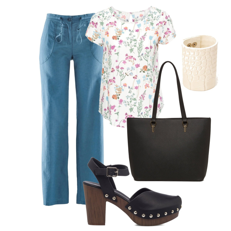 Outfit donna - Pantapalazzo e blusa romantica. Stile Romantica per Tutti i giorni. Abbinamento con pantaloni a palazzo, bluse, braccialetti, zoccoli, borse a spalla.