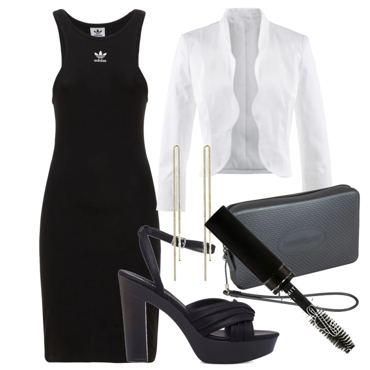 Outfit donna - Sexy col vestito Adidas. Stile Sexy per Serata fuori. Abbinamento con blazer, sandali col tacco, pochette, vestiti, orecchini, mascara.