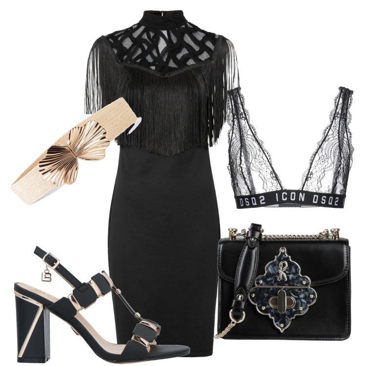 Outfit donna - Un tocco color oro. Stile Chic per Serata fuori. Abbinamento con cinture, vestiti, sandali col tacco, borse a tracolla, reggiseni.