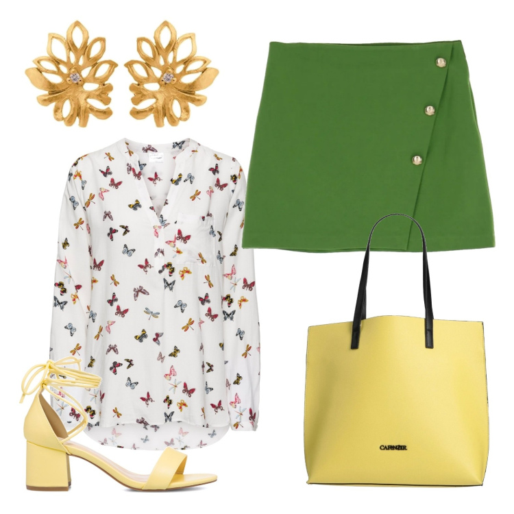 Outfit donna - Pomeriggio colorato. Stile Casual per Tutti i giorni. Abbinamento con bluse, borse a mano, minigonne, sandali alla schiava, orecchini.