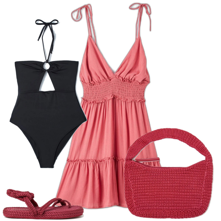 Outfit donna - Estate in Riviera. Stile Casual chic per Mare. Abbinamento con vestiti corti, costumi interi, borse a spalla, infradito.