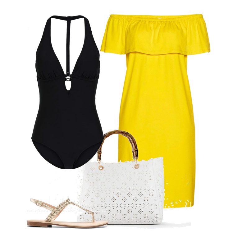 Outfit donna - Beach look. Stile Chic per Mare. Abbinamento con costumi interi, ciabatte, vestiti, borse a mano.