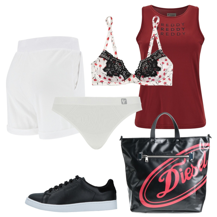 Outfit donna - Intimo abbinato. Stile Sporty chic per Tutti i giorni. Abbinamento con borse a mano, reggiseni, sneakers, perizomi, shorts, canottiere.