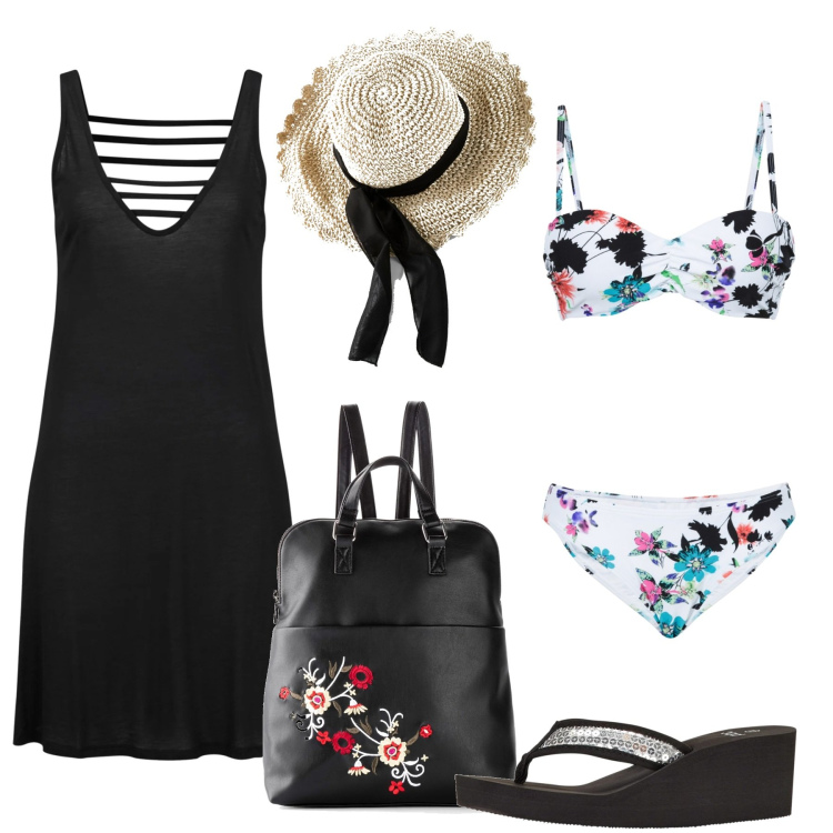 Outfit donna - Al mare con stile. Stile Glamour per Mare. Abbinamento con vestiti da spiaggia, bikini, zaini, infradito, cappelli.