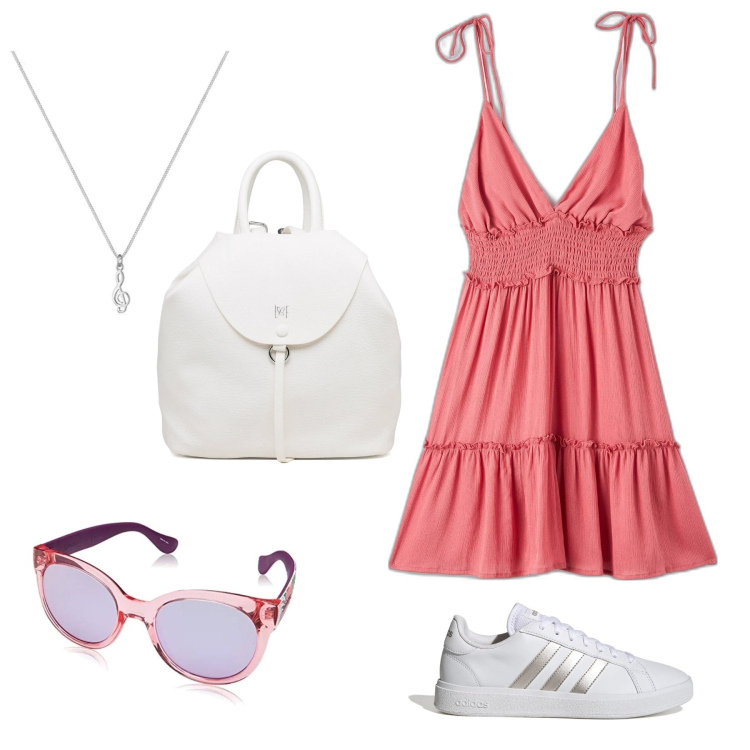 Outfit donna - Passeggiata. Stile Casual per Tutti i giorni. Abbinamento con vestiti corti, sneakers, zaini, ciondoli, occhiali da sole.