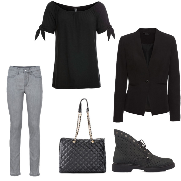 Outfit donna - Total look #1631119. Stile Basic per Tutti i giorni. Abbinamento con maglieria, blazer, jeans skinny, shopping bag, stivaletti.