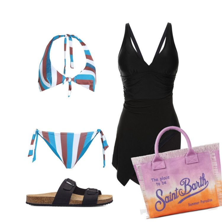 Outfit donna - It\'s a summer story. Stile Casual per Mare. Abbinamento con vestiti da spiaggia, bikini, borse a spalla, sandali in pelle.