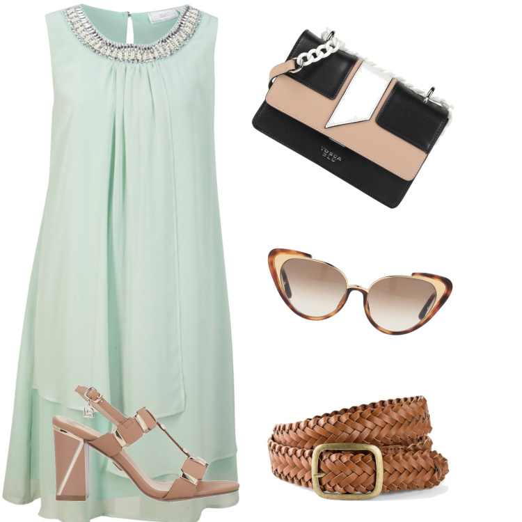 Outfit donna - Total look #1631164. Stile Bon Ton per Serata fuori. Abbinamento con cinture, vestiti, sandali col tacco, borse a tracolla, occhiali da sole.