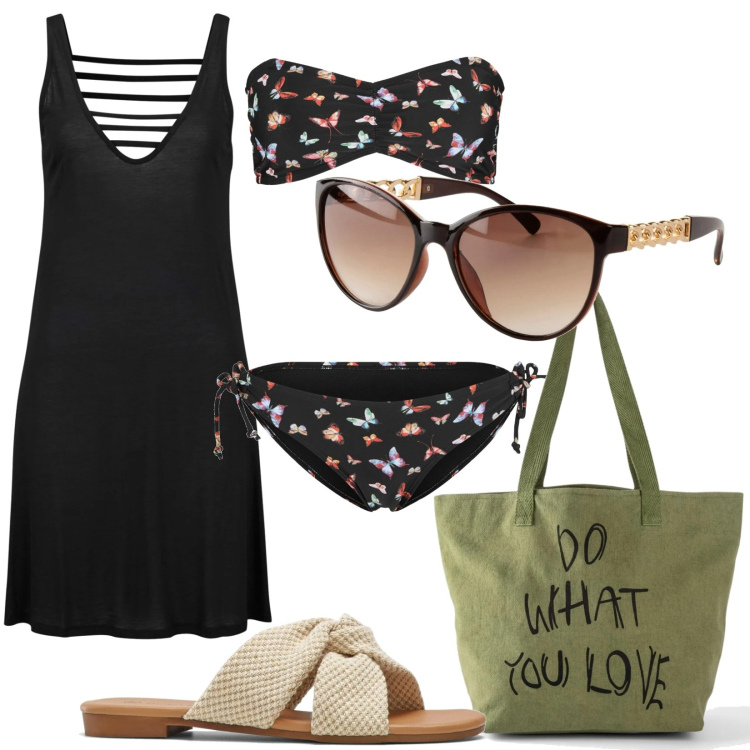 Outfit donna - Il beach look perfetto con Bonprix. Stile Casual per Mare. Abbinamento con bikini, vestiti da spiaggia, ciabatte, shopping bag, occhiali da sole.