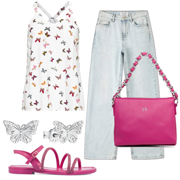 Outfit donna - Total look #1631197. Stile Romantica per Tutti i giorni. Abbinamento con top, jeans, borse a tracolla, sandali, orecchini.