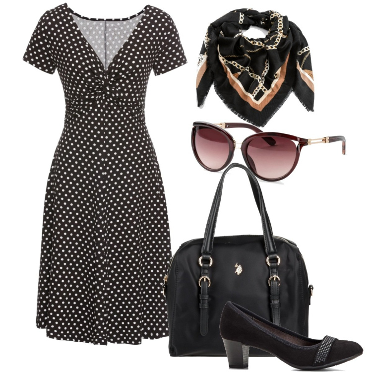 Outfit donna - Vintage look. Stile Vintage retrò per Tutti i giorni. Abbinamento con vestiti lunghi, décolleté, occhiali da sole, foulard, borse a mano.