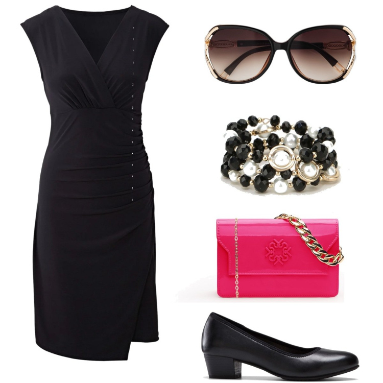 Outfit donna - Un look vintage. Stile Vintage retrò per Serata fuori. Abbinamento con décolleté, occhiali da sole, vestiti, pochette, braccialetti.