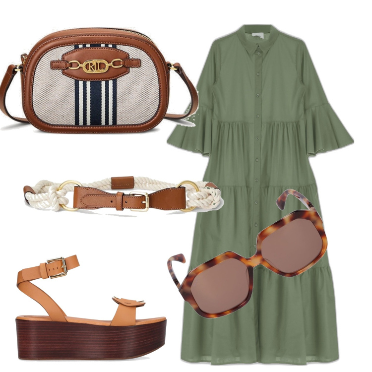 Outfit donna - Occhiali tartaruga. Stile Basic per Ufficio. Abbinamento con vestiti lunghi, cinture, borse a tracolla, zeppe, occhiali da sole.