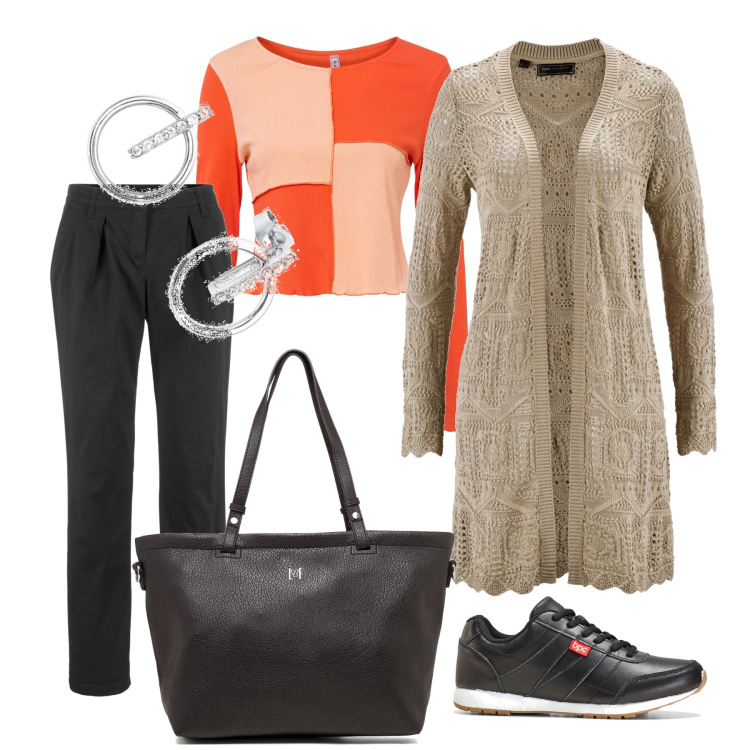 Outfit donna - Pranzo con le amiche. Stile Casual chic per Ufficio. Abbinamento con pantaloni, cardigans, sneakers, maglieria, borse a spalla, orecchini.