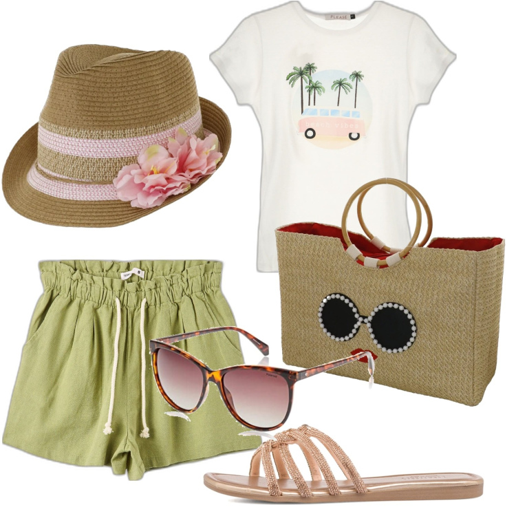 Outfit donna - Si va al mare. Stile Casual per Mare. Abbinamento con shorts, t-shirt, ciabatte, cappelli, occhiali da sole, borse a mano.