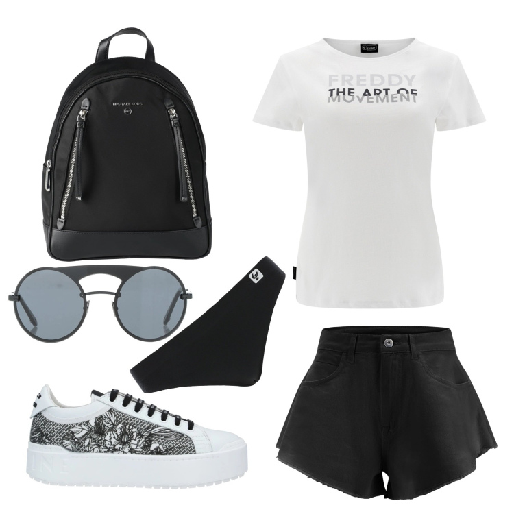 Outfit donna - Estate all\'aria aperta. Stile Casual per Tutti i giorni. Abbinamento con sneakers, zaini, occhiali da sole, slip, t-shirt, shorts.