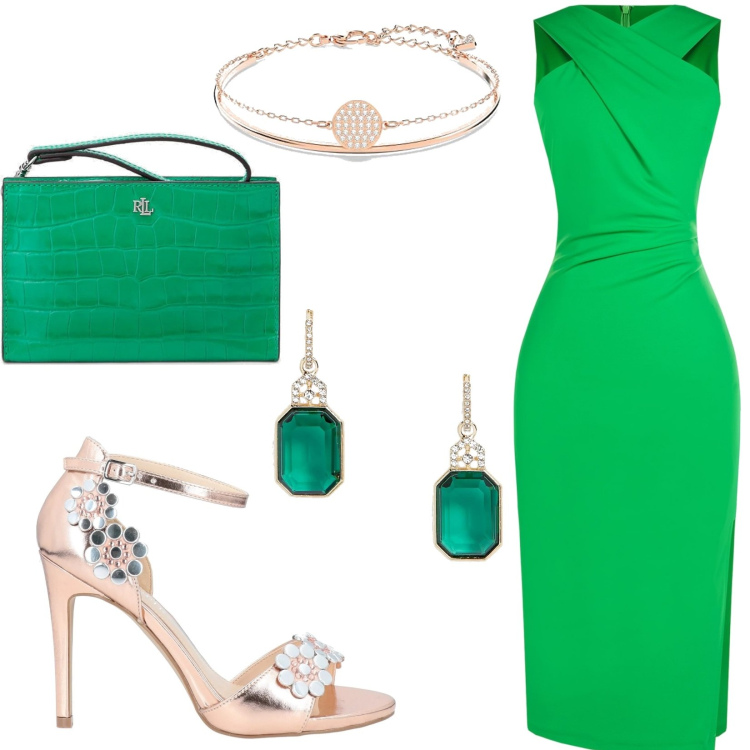 Outfit donna - Tubino Verde. Stile Chic per Cerimonia. Abbinamento con orecchini, pochette, vestiti a tubino, sandali in pelle, braccialetti.