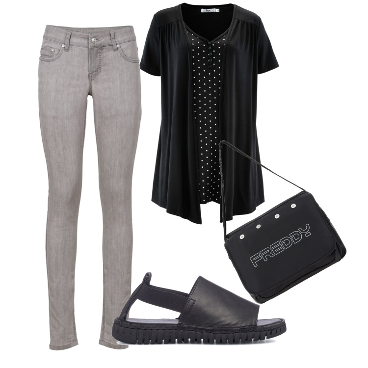 Outfit donna - Jeans skinny grigi. Stile Minimal per Tutti i giorni. Abbinamento con maglieria, jeans skinny, borse messenger, sandali in pelle.