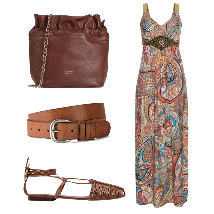 Outfit donna - Il vestito etnico. Stile Etnico per Serata fuori. Abbinamento con cinture, vestiti lunghi, sandali, borse a tracolla.