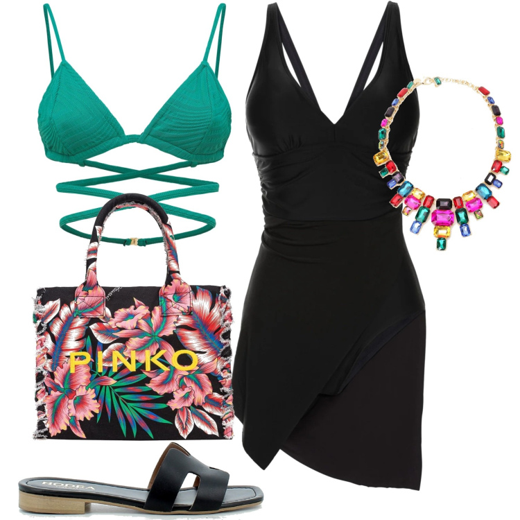 Outfit donna - Mare. Stile Casual chic per Mare. Abbinamento con vestiti da spiaggia, shopping bag, sandali, collane, bikini.