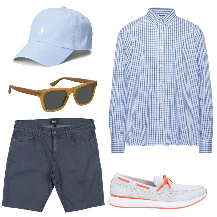 Outfit uomo - In barca. Stile Casual per Tutti i giorni. Abbinamento con scarpe stringate, camicie, shorts, cappelli, occhiali da sole.