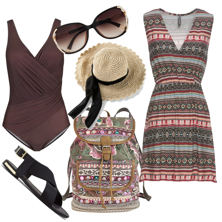 Outfit donna - Total beach. Stile Casual per Mare. Abbinamento con costumi interi, sandali, cappelli, occhiali da sole, vestiti senza maniche, zaini.