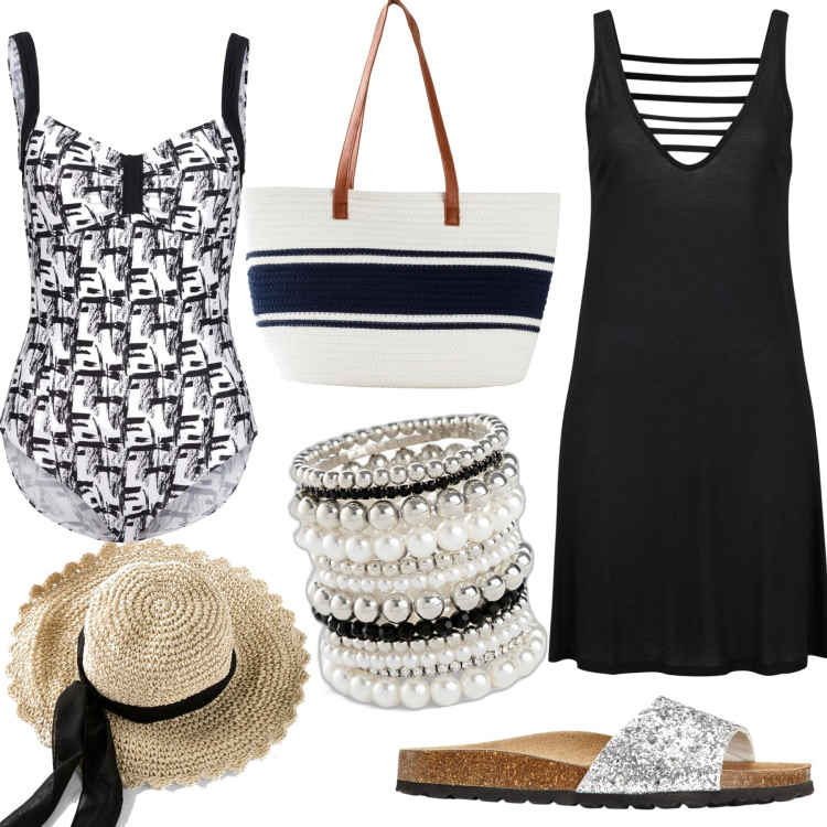 Outfit donna - Beach. Stile Basic per Mare. Abbinamento con vestiti da spiaggia, braccialetti, costumi interi, ciabatte, cappelli, shopping bag.