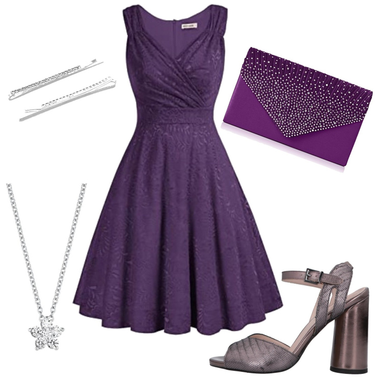 Outfit femme - Bal de promo en prune. Style Chic pour Cérémonie. Assortir avec robes sans manches, pochette, sandales à talon, colliers, accessoires pour cheveux.