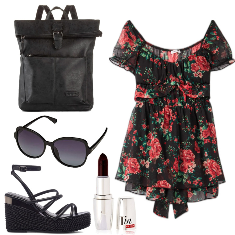 Outfit donna - Tuta corta floreale. Stile Trendy per Tutti i giorni. Abbinamento con zaini, tuta corta, sandali in pelle, occhiali da sole, rossetti.