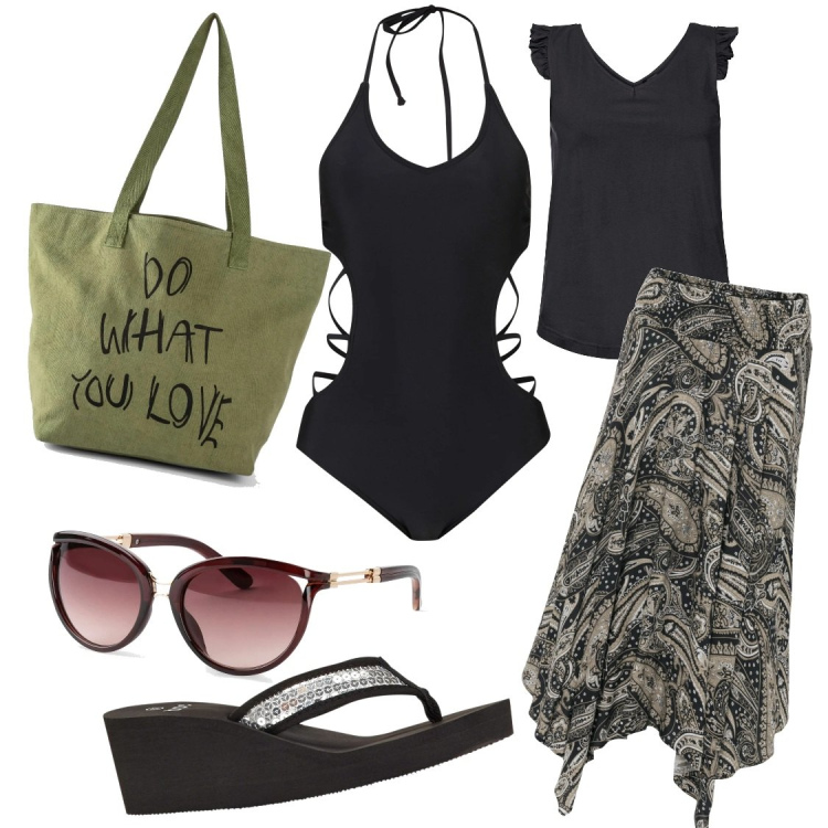 Outfit donna - Intero sexy. Stile Casual chic per Mare. Abbinamento con gonne longuette, top, infradito, occhiali da sole, costumi interi, shopping bag.