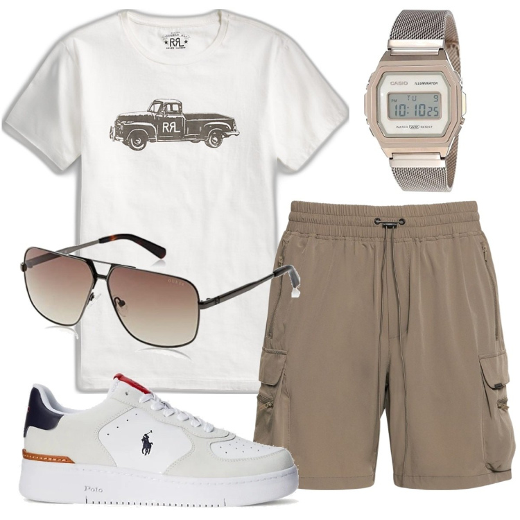 Outfit uomo - Total look #1631760. Stile Casual per Tutti i giorni. Abbinamento con t-shirt, sneakers, shorts, orologi, occhiali da sole.