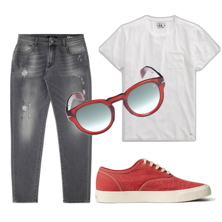 Outfit uomo - Basic. Stile Casual per Tutti i giorni. Abbinamento con jeans, sneakers, t-shirt, occhiali da sole.