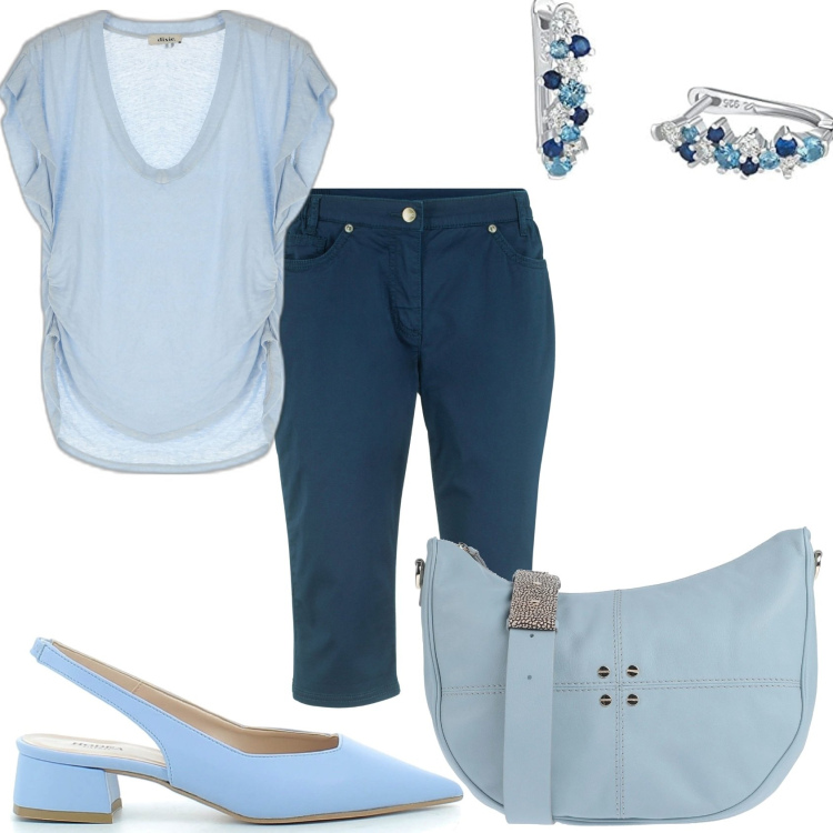 Outfit donna - Pomeriggio con le amiche. Stile Casual chic per Tutti i giorni. Abbinamento con bermuda, borse a spalla, sandali in pelle, t-shirt, orecchini.