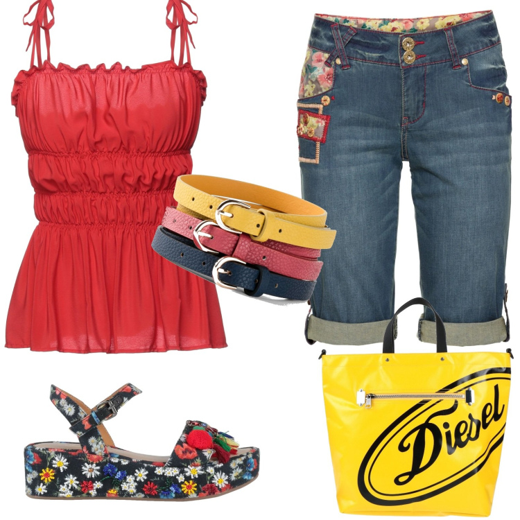 Outfit donna - Total look #1631805. Stile Casual per Tutti i giorni. Abbinamento con bermuda, cinture, sandali in pelle, top, borse a mano.