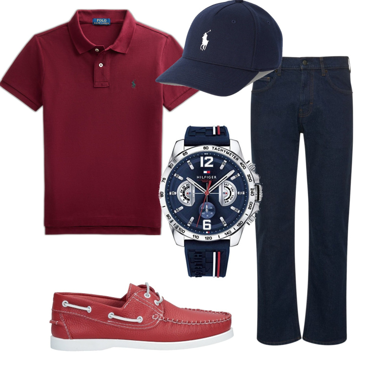 Outfit uomo - Orologio Tommy Hilfiger. Stile Trendy per Tutti i giorni. Abbinamento con scarpe stringate, cappelli, polo, orologi analogici, jeans dritti.