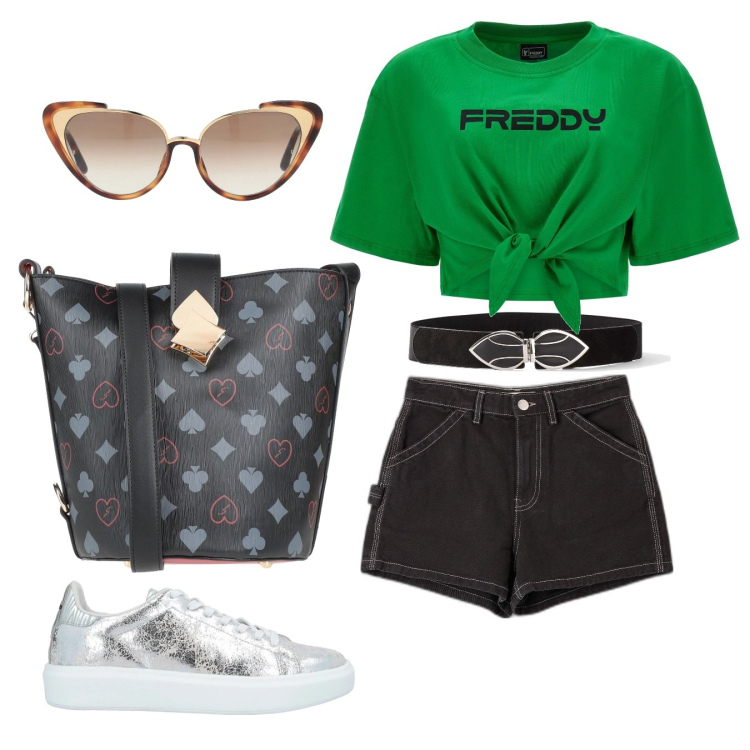 Outfit donna - Total look #1631837. Stile Casual per Tutti i giorni. Abbinamento con cinture, sneakers, borse a tracolla, occhiali da sole, shorts, t-shirt.