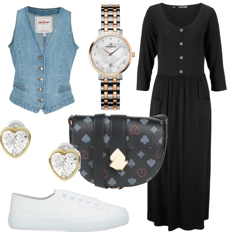 Outfit donna - In giro per commissioni. Stile Casual per Tutti i giorni. Abbinamento con gilet, vestiti lunghi, sneakers, borse a tracolla, orecchini, orologi.