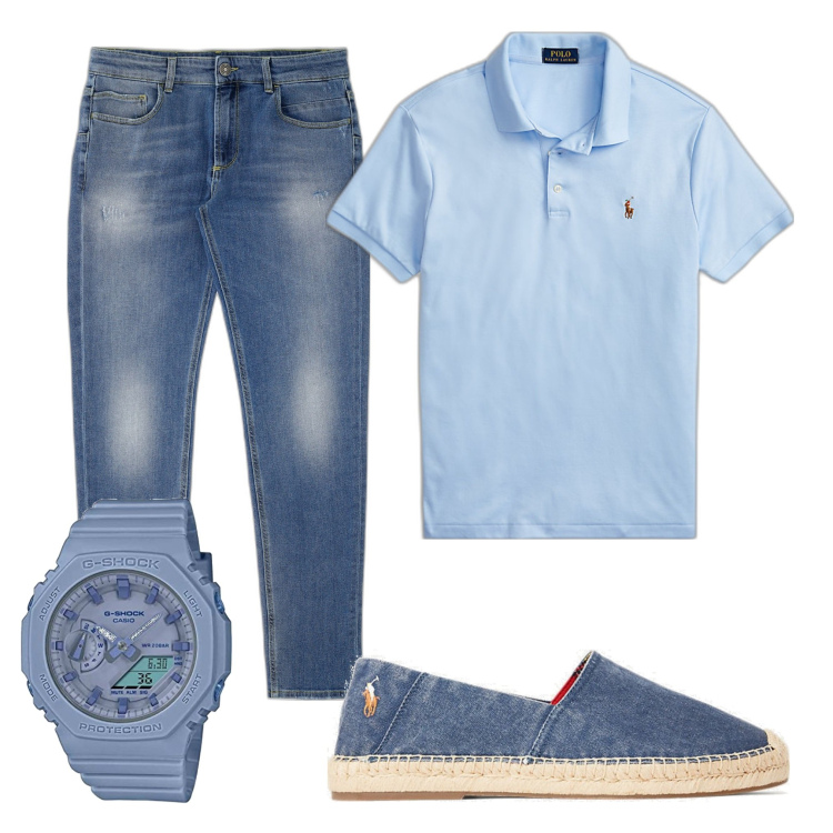 Outfit uomo - Polo. Stile Trendy per Tutti i giorni. Abbinamento con jeans skinny, polo, espadrillas, orologi.