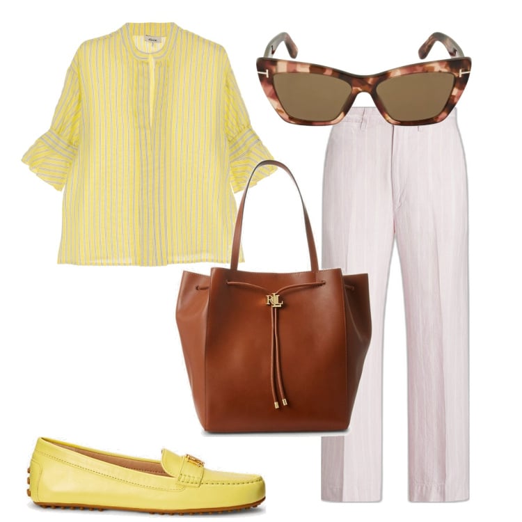 Outfit donna - Ufficio. Stile Basic per Ufficio. Abbinamento con camicie, mocassini, pantaloni, borse tote, occhiali da sole.