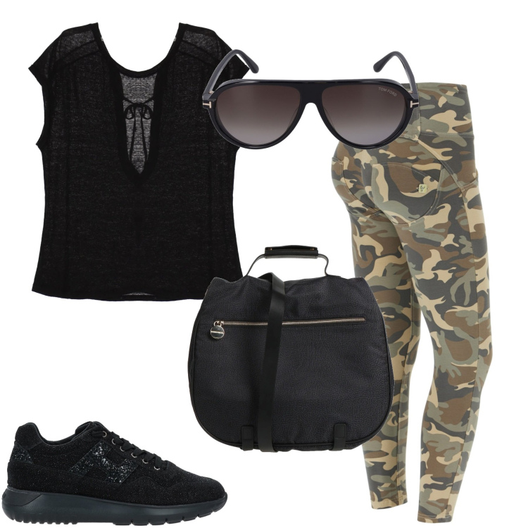Outfit donna - Grunge. Stile Military per Tutti i giorni. Abbinamento con sneakers, borse a mano, pantaloni skinny, t-shirt, occhiali da sole.