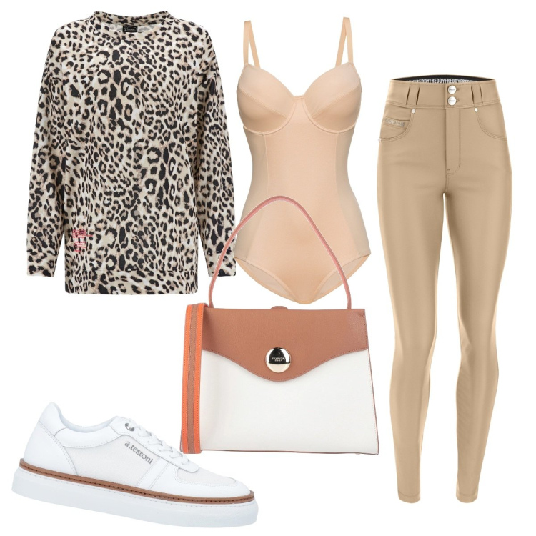 Outfit donna - Giornata o serata relax. Stile Casual per Tutti i giorni. Abbinamento con body, borse a mano, sneakers, felpe, pantaloni.