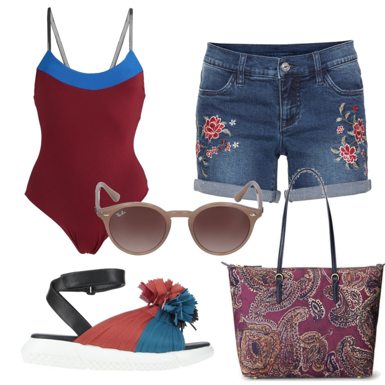 Outfit donna - Total look #1632036. Stile Etnico per Mare. Abbinamento con shorts, costumi interi, sandali in pelle, borse tote, occhiali da sole.